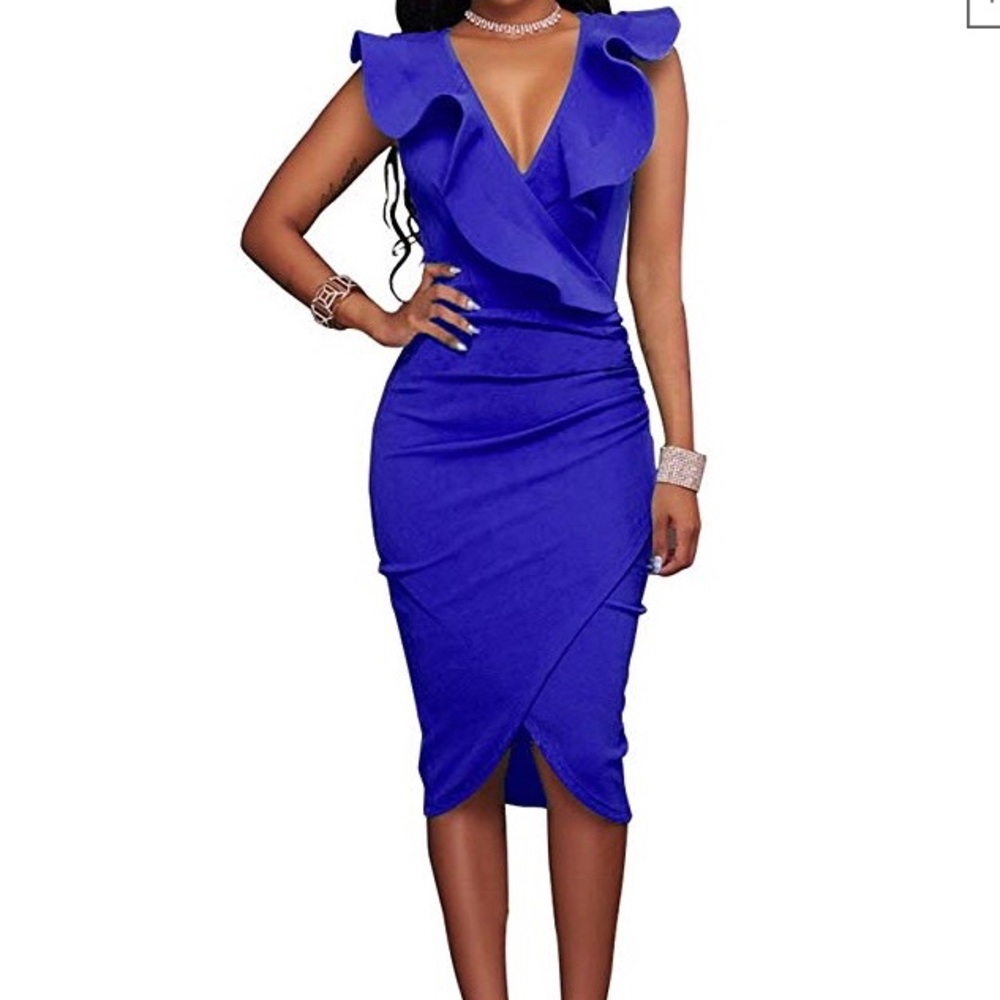 Blue deep v-neck dress